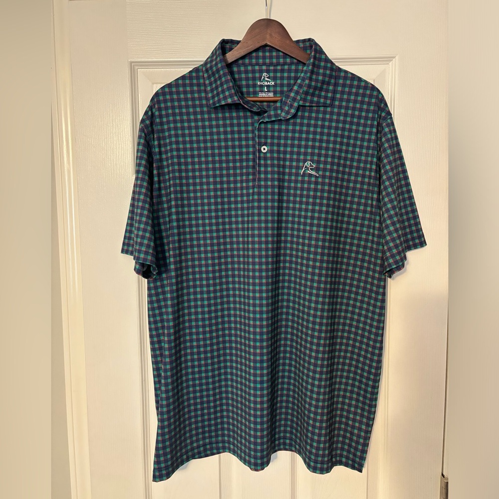 Rhoback Men's Blue and Green Checkered Polo Shirt Large